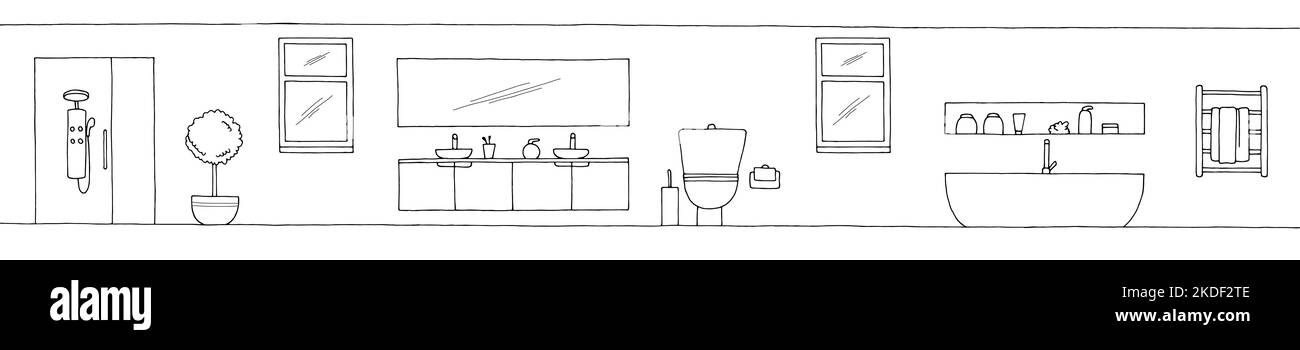 Bathroom graphic home interior black white long sketch illustration vector Stock Vector