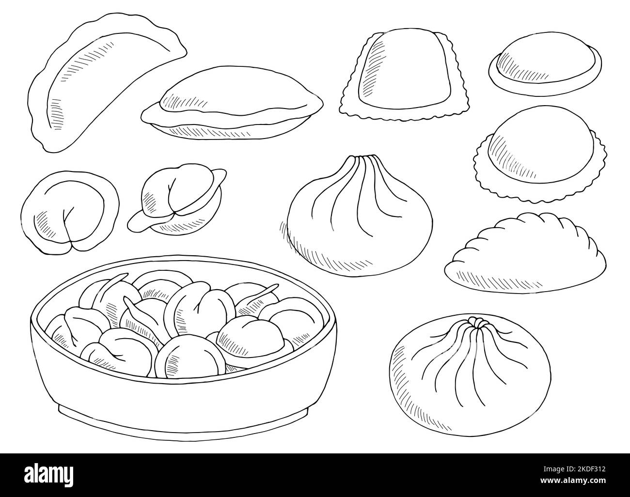 Dumplings set graphic food black white sketch isolated illustration vector Stock Vector