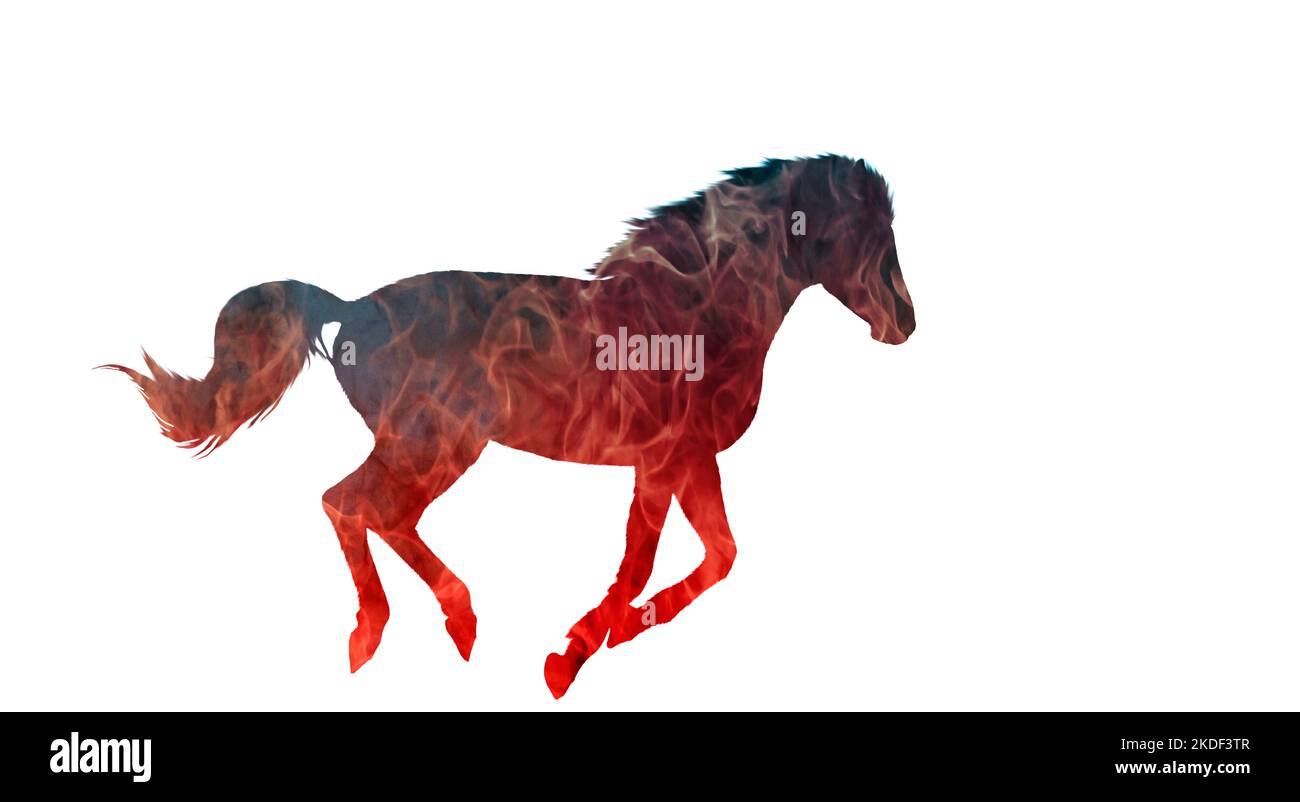 running horse silhouette, double exposure, fire Stock Photo