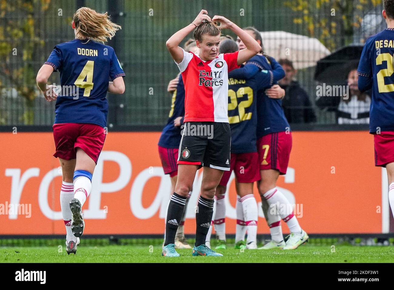 Rotterdam - Esmee de Graaf of Feyenoord V1 reacts to the 0-1 during the match between Feyenoord V1 v Ajax V1 at Nieuw Varkenoord on 6 November 2022 in Rotterdam, Netherlands. (Box to Box Pictures/Tom Bode) Stock Photo