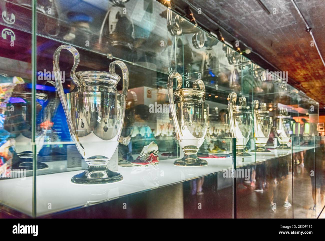 BARCELONA - AUGUST 11: Row of Champions League cups won by FC Barcelona, at the Camp Nou Experience Tour and Museum, Barcelona, Catalonia, Spain, on A Stock Photo