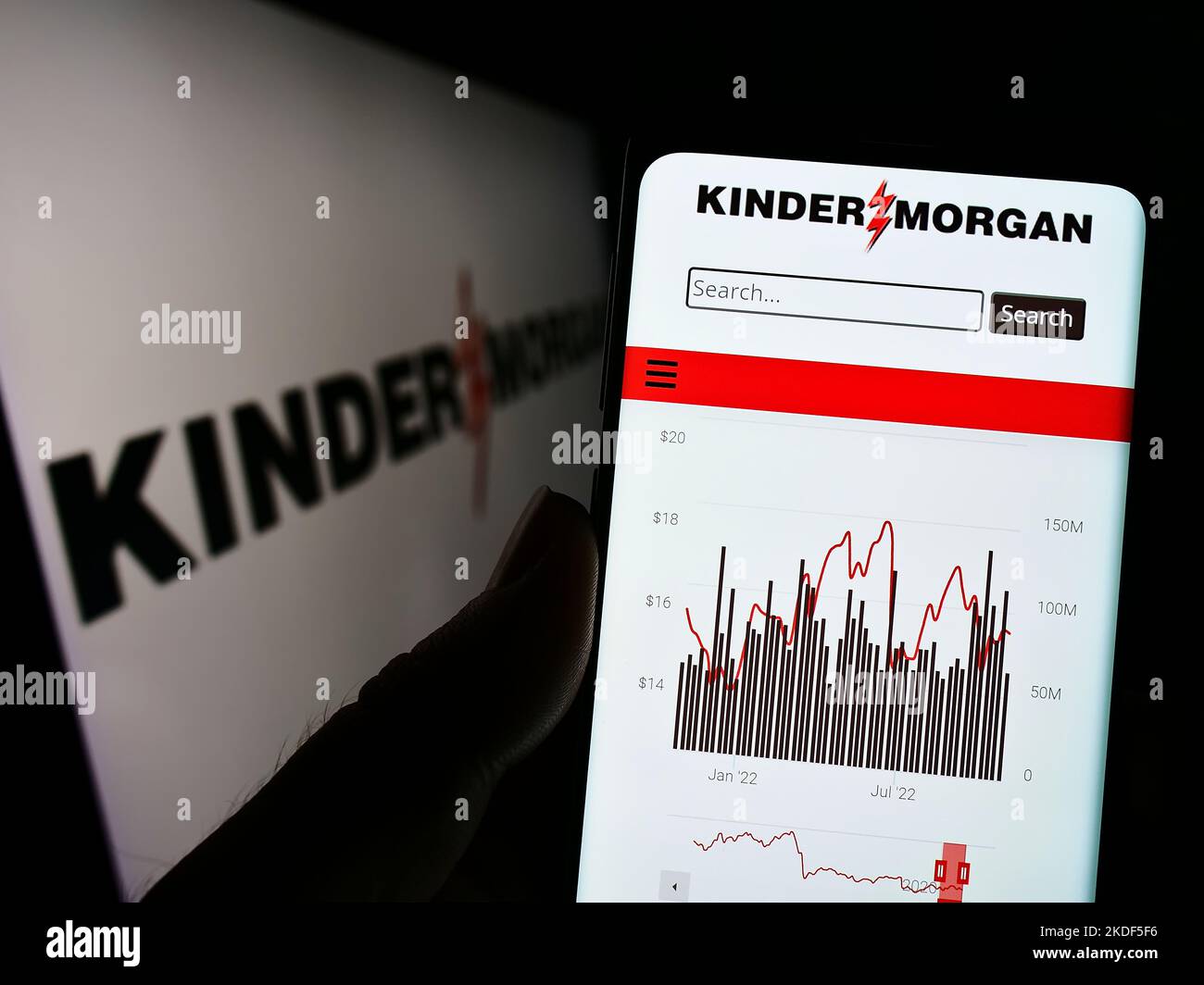Person holding cellphone with website of US energy company Kinder Morgan Inc. on screen in front of logo. Focus on center of phone display. Stock Photo