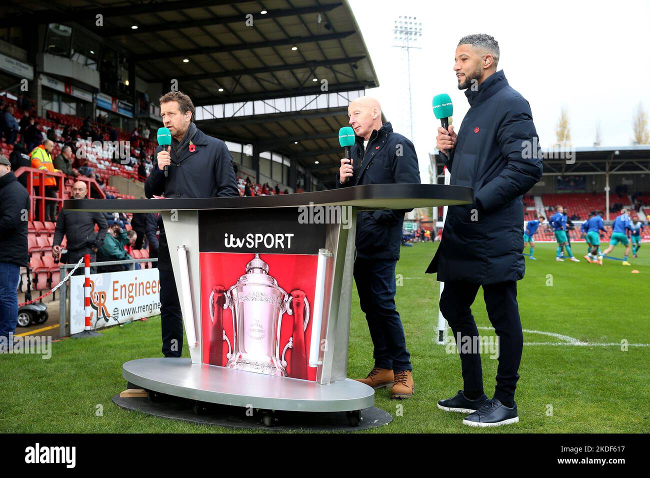 ITV Presenter’s Mark Pougatch (left), Mickey Thomas (centre) and Jobi McAnuff seen ahead of the Emirates FA Cup first round match at The Racecourse Ground, Wrexham. Picture date: Sunday November 6, 2022. Stock Photo