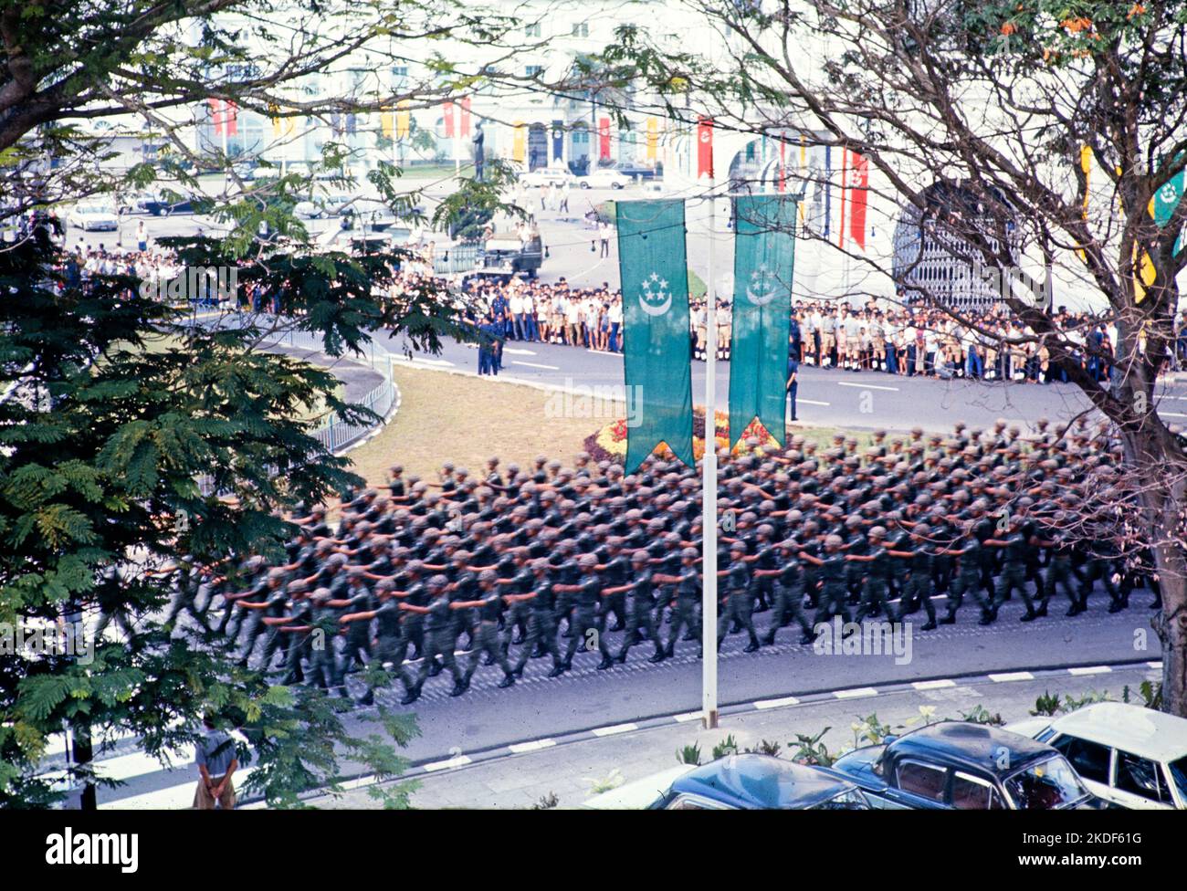 Soldiers marching to celebrate National Day, Singapore, Asia 1970 Stock Photo