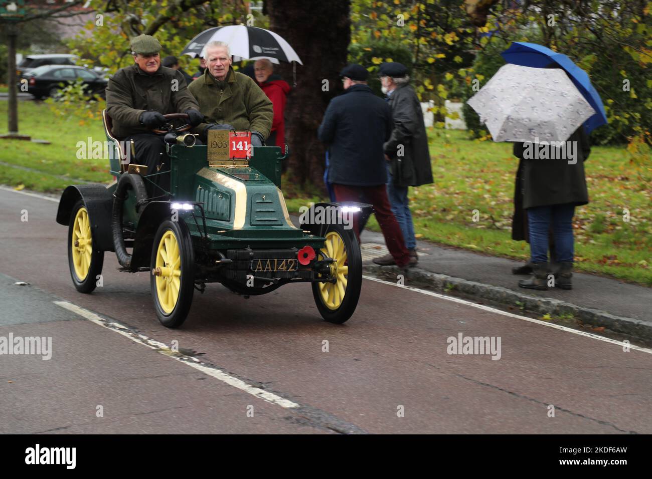 Staplefield, UK. 06th Nov, 2021. Participants battle the weather in their vintage vehicles during the historic London to Brighton Veteran Car Run. The run set off from Hyde Park in London at sunrise and makes its journey to Brighton on the Sussex coast. Credit: Uwe Deffner/Alamy Live News Stock Photo