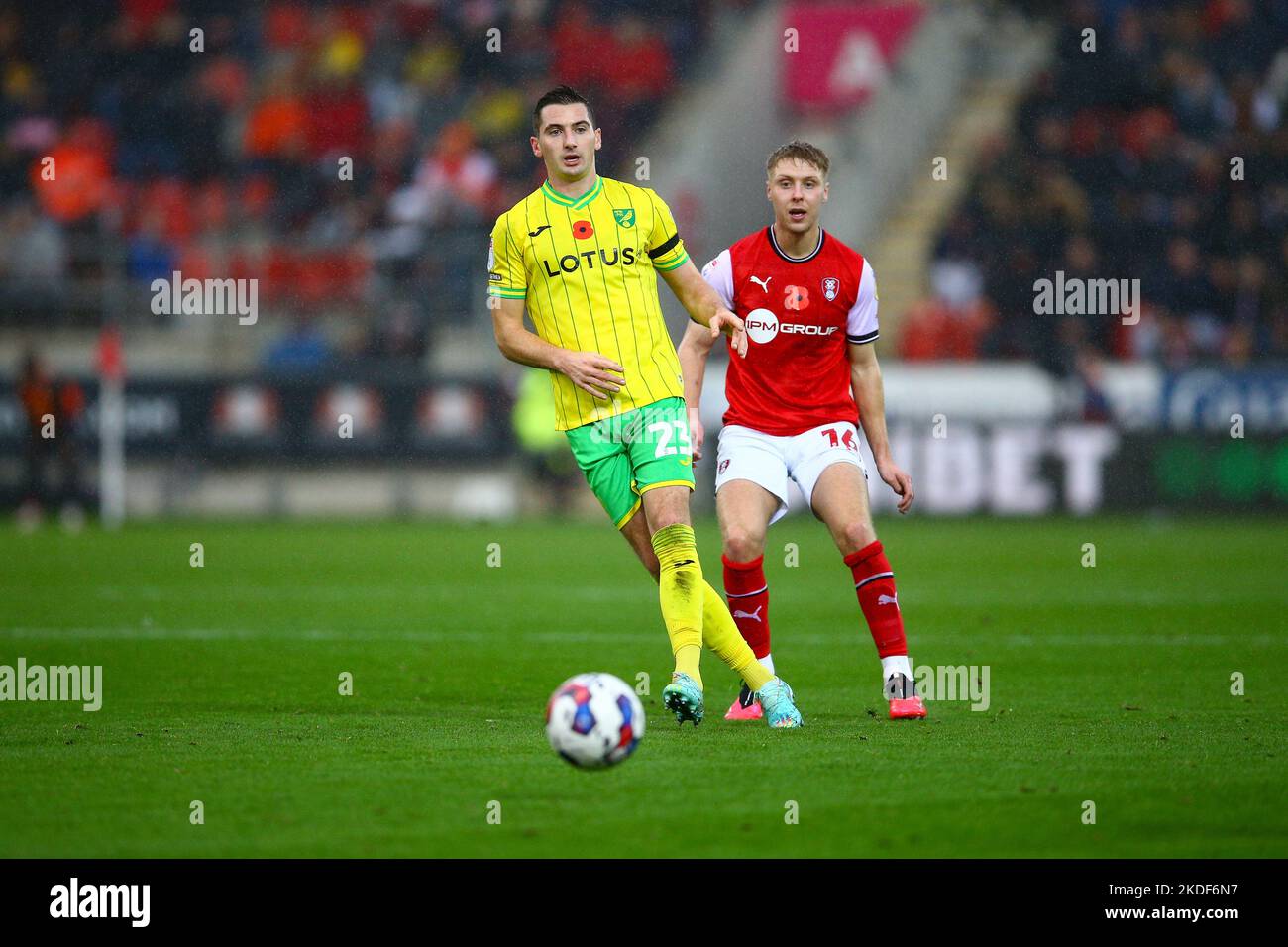 AESSEAL New York Stadium, Rotherham, England - 5th November 2022 Kenny McLean (23) of Norwich City being followed by Jamie Lindsay (16) of Rotherham United - during the game Rotherham v Norwich City, Sky Bet Championship,  2022/23, AESSEAL New York Stadium, Rotherham, England - 5th November 2022 Credit: Arthur Haigh/WhiteRosePhotos/Alamy Live News Stock Photo