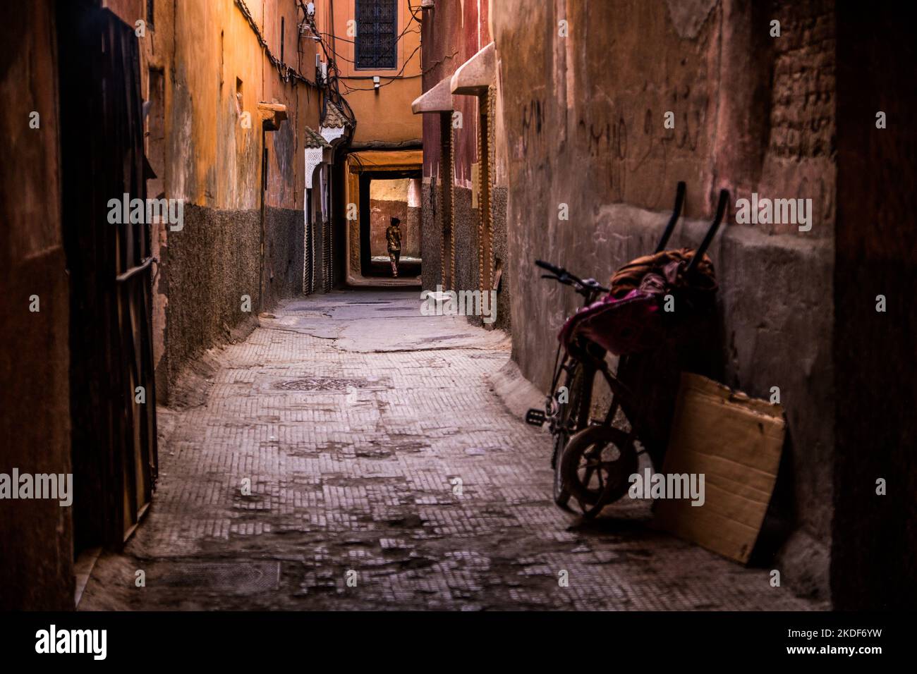 A dark alley In the medina ( old town) of Marrakech, Morocco Stock Photo