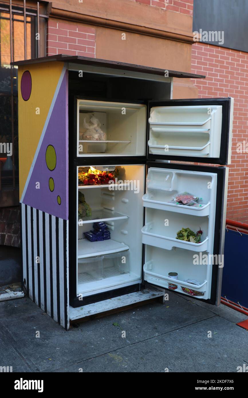 A community refrigerator with food for the public located in Harlem