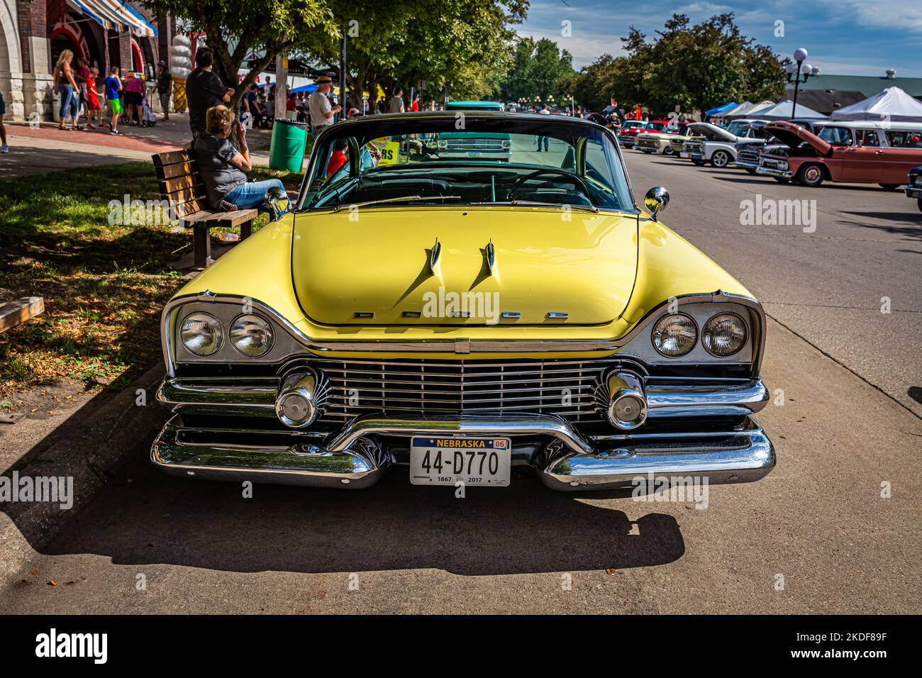 Des Moines, IA - July 01, 2022: High perspective front view of a 1958 Dodge Royal Lancer 2 Door Hardtop at a local car show. Stock Photo