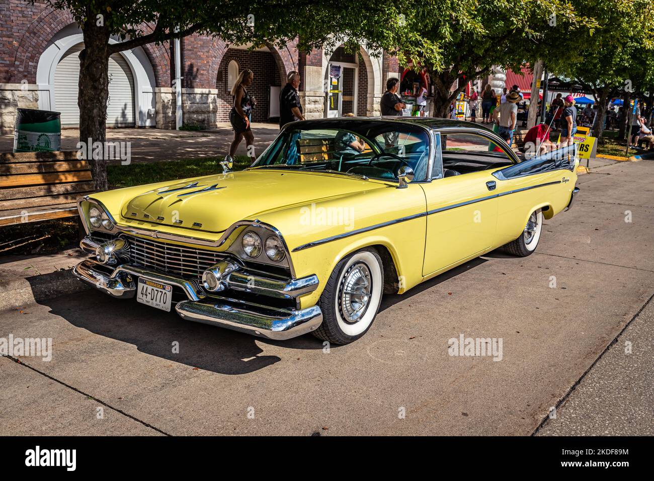 Des Moines, IA - July 01, 2022: High perspective front corner view of a 1958 Dodge Royal Lancer 2 Door Hardtop at a local car show. Stock Photo