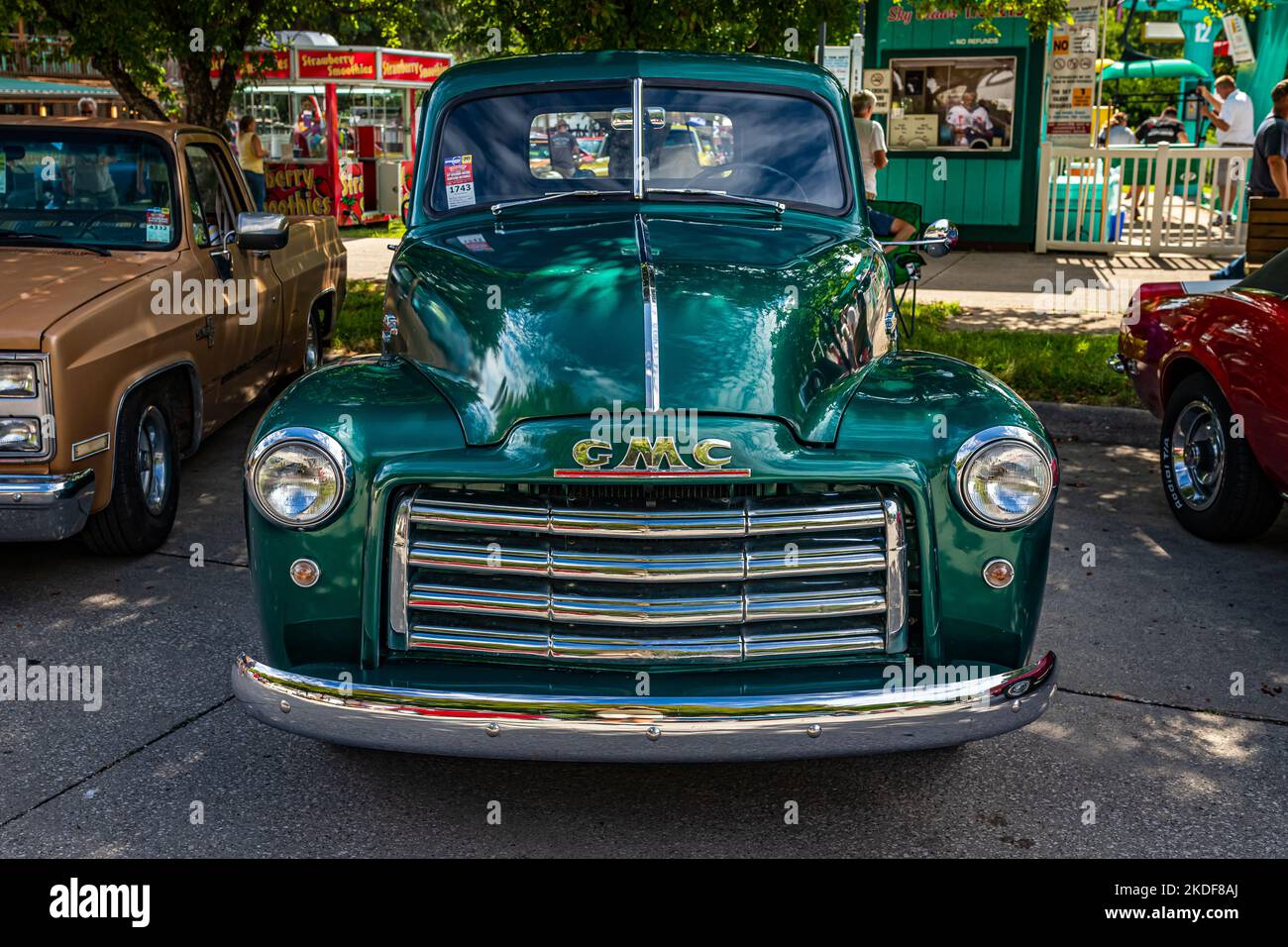 Des Moines, IA - July 01, 2022: High perspective front view of a 1949 GMC 100 Half Ton Pickup Truck at a local car show. Stock Photo
