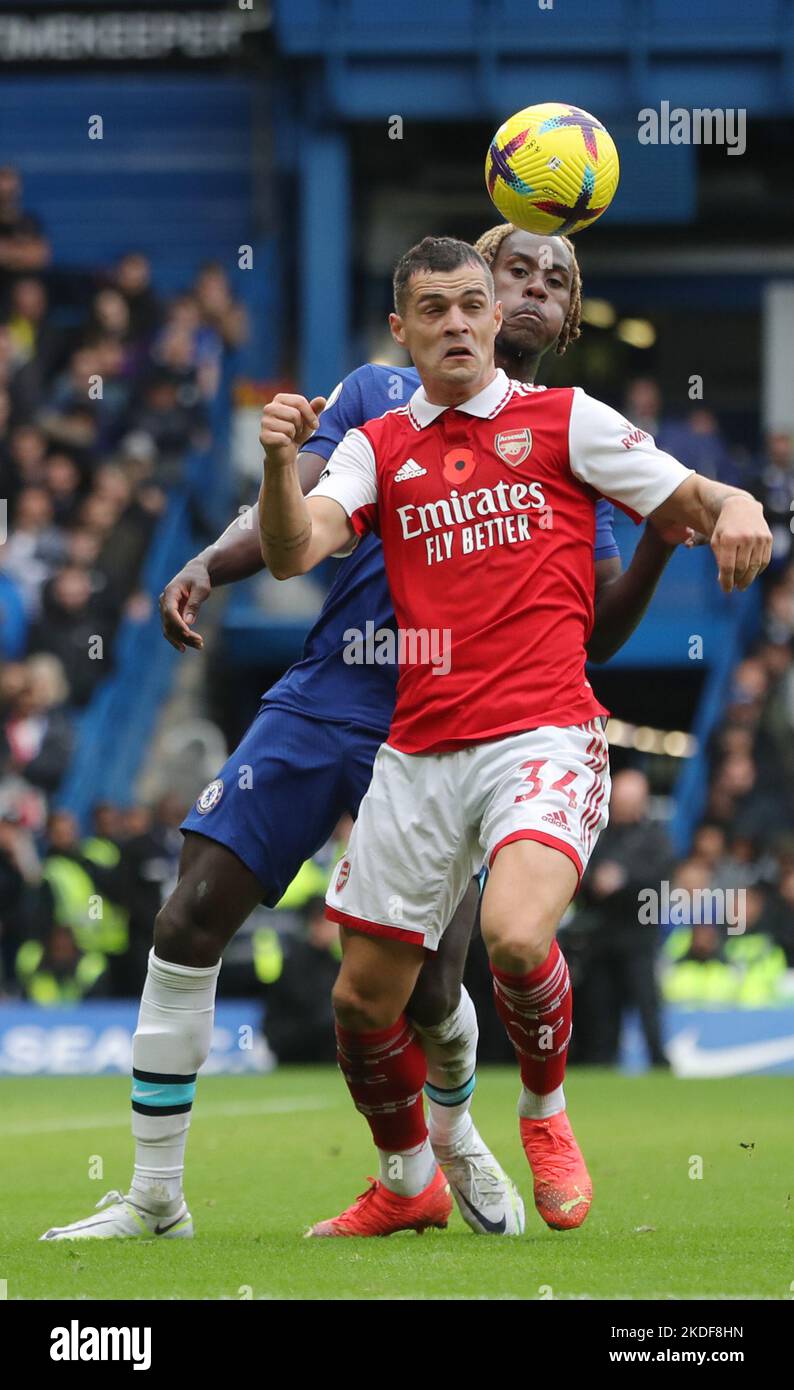 London, England, 6th November 2022. Granit Xhaka of Arsenal  and Trevoh Chalobah of Chelsea  during the Premier League match at Stamford Bridge, London. Picture credit should read: Paul Terry / Sportimage Stock Photo