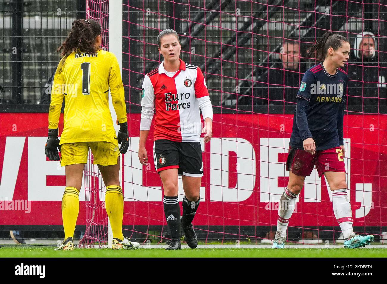 Rotterdam - Sophie Cobussen of Feyenoord V1 reacts to her own goal 0-4 during the match between Feyenoord V1 v Ajax V1 at Nieuw Varkenoord on 6 November 2022 in Rotterdam, Netherlands. (Box to Box Pictures/Tom Bode) Stock Photo