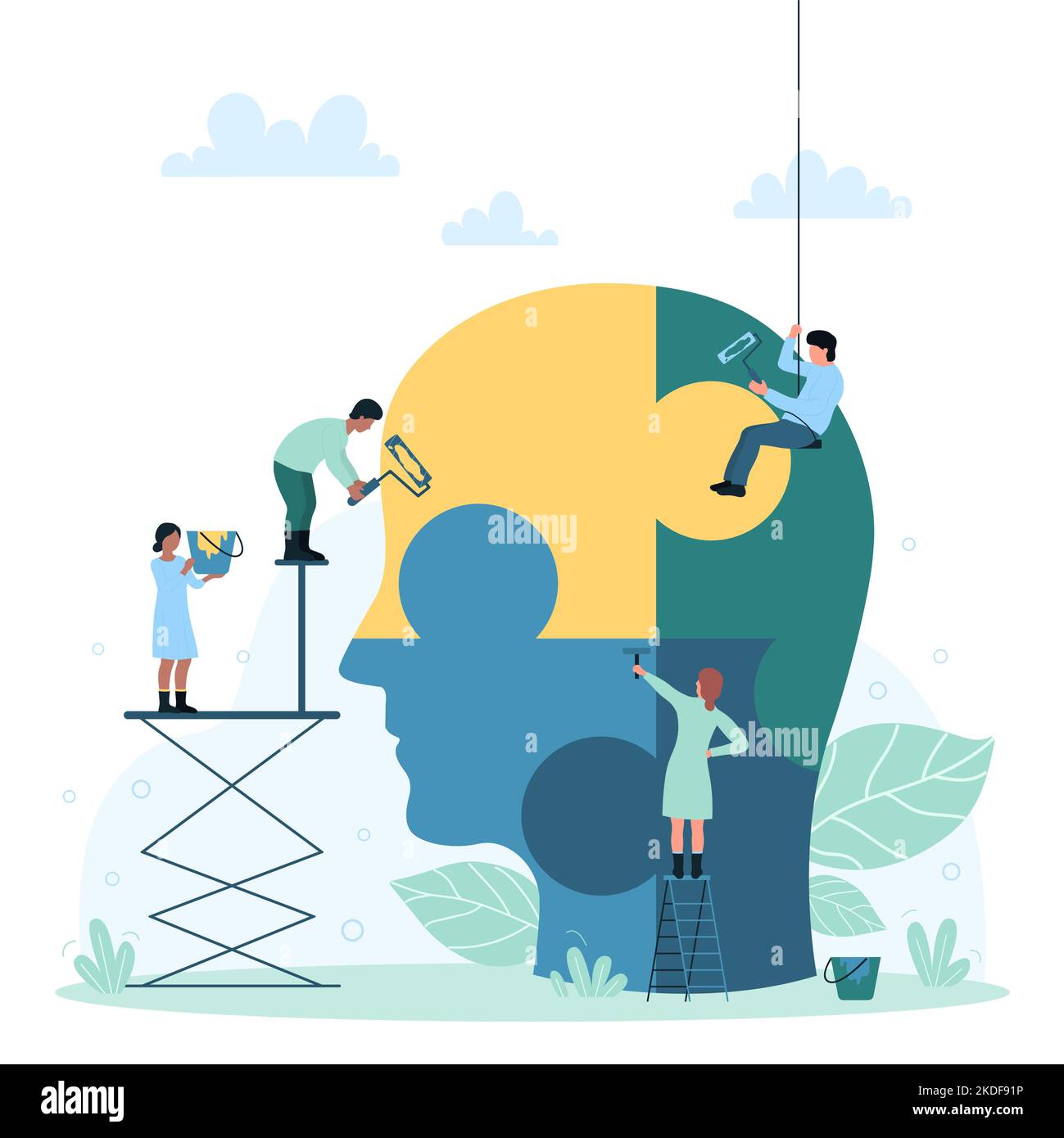 Brain health, psychology and education vector illustration. Cartoon tiny people work with puzzle jigsaw in human head, study, care and support pieces of brainteaser, help to solve intellectual problem Stock Vector