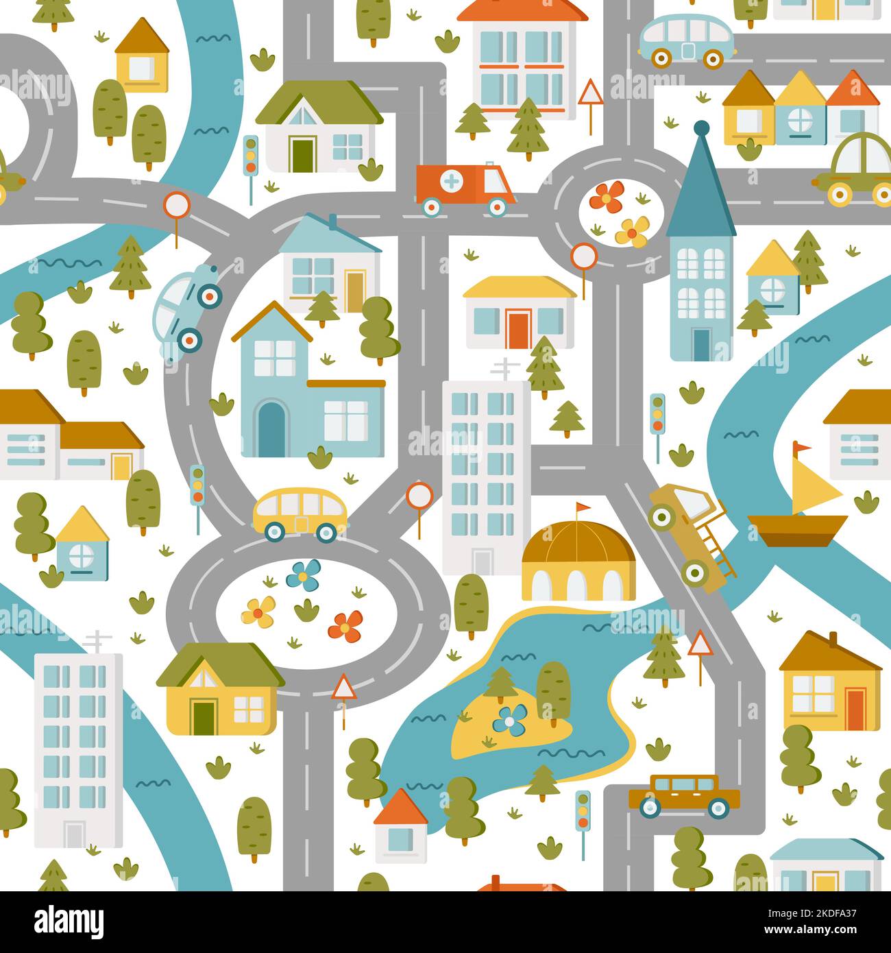 Color map town. Children's game board. Flat vector seamless pattern. Stock Vector