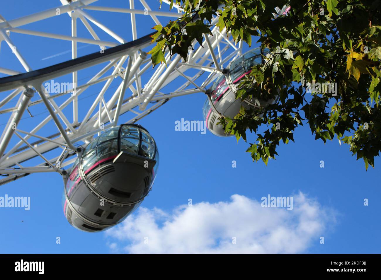 Tourists enjoy the Millennium Wheel on a sunny day. Close up picture of the carriages on the London Eye with greenery and blue sky background. Stock Photo