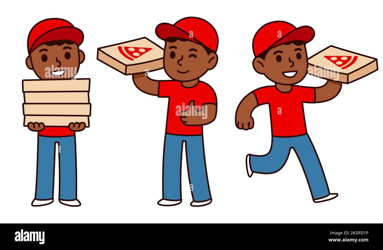 Cute cartoon Black pizza delivery boy holding pizza boxes with pizzeria logo. Simple character drawing, vector illustration. Stock Vector