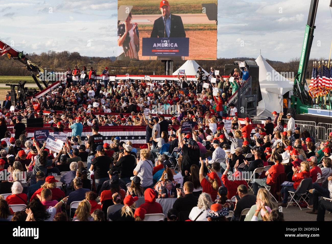 Latrobe, United States. 05th Nov, 2022. Guest speaker Doug Mastriano, a candidate for governor of Pennsylvania, speaks at rally organized by Trump at the Arnold Palmer Regional Airport in Latrobe, PA on November 5, 2022. (Photo by Elke Scholiers/Sipa USA) Credit: Sipa USA/Alamy Live News Stock Photo