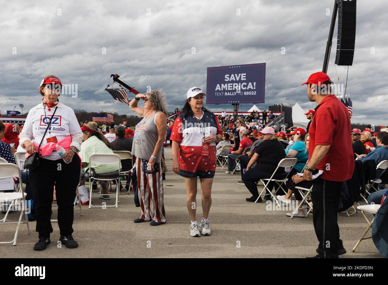 Latrobe, United States. 05th Nov, 2022. Visitors wait for guest speaker Doug Mastriano, a candidate for governor of Pennsylvania, at a rally organized by Trump at the Arnold Palmer Regional Airport in Latrobe, PA on Nov. 5, 2022. (Photo by Elke Scholiers/Sipa USA) Credit: Sipa USA/Alamy Live News Stock Photo