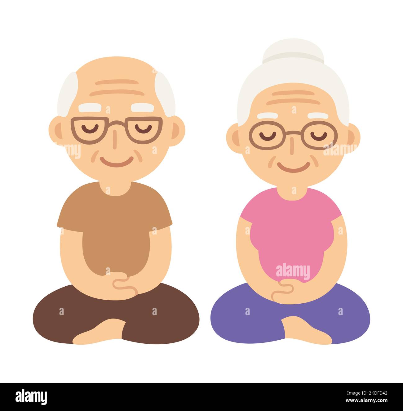 Cute cartoon senior couple meditating. Old man and woman sitting in meditation. Vector clip art illustration. Stock Vector