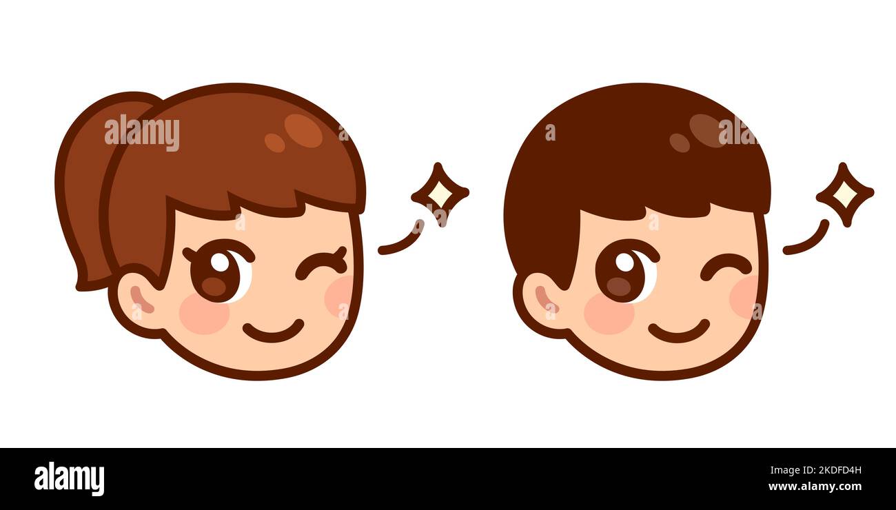 Cute anime boy and girl face winking with little star. Simple kawaii portrait cartoon illustration. Stock Vector