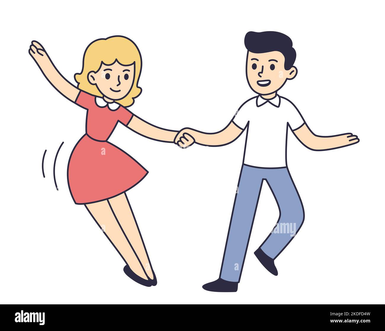 Cute cartoon young dancing couple. Swing dance, Lindy hop. Vector clip art illustration. Stock Vector