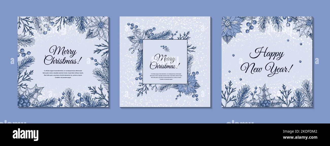 Set of Merry Christmas and happy New year blue greeting cards. Festive ...