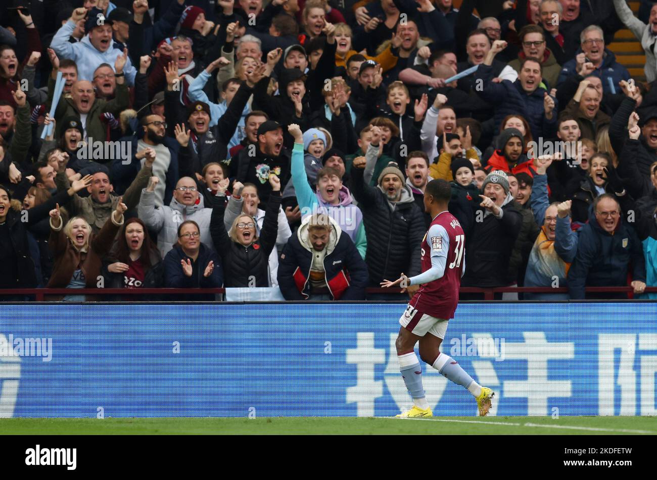 Birmingham, UK. 6th Nov, 2022. Leon Bailey of Aston Villa celebrates the first goal infant of the Holte End during the Premier League match at Villa Park, Birmingham. Picture credit should read: Darren Staples/Sportimage Credit: Sportimage/Alamy Live News Stock Photo