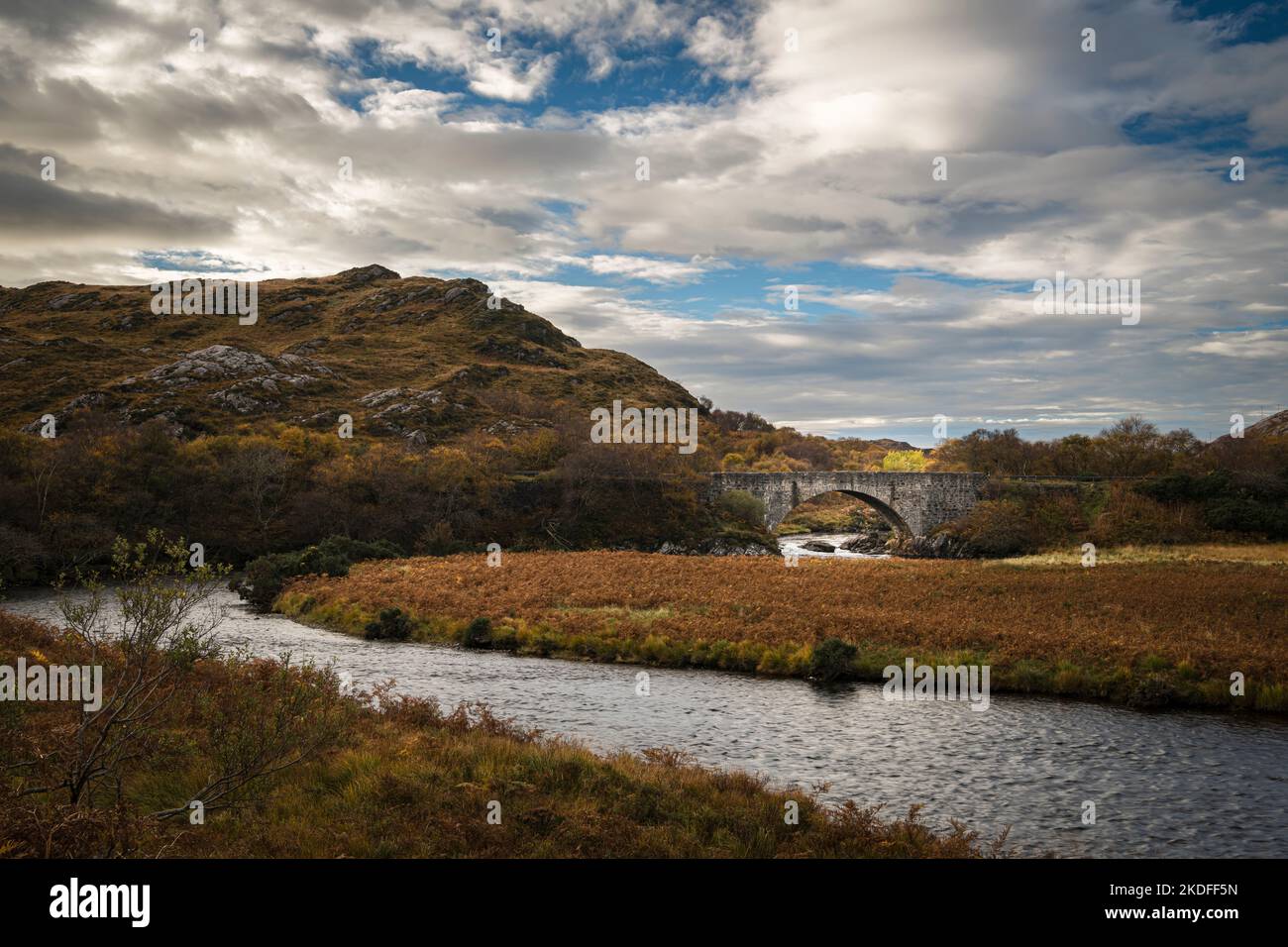 An autumnal HDR image of Laxford Bridge carrying the A838 north to Durness and south to Ullapool along the Norrth Coast 500. 23 October 2022 Stock Photo