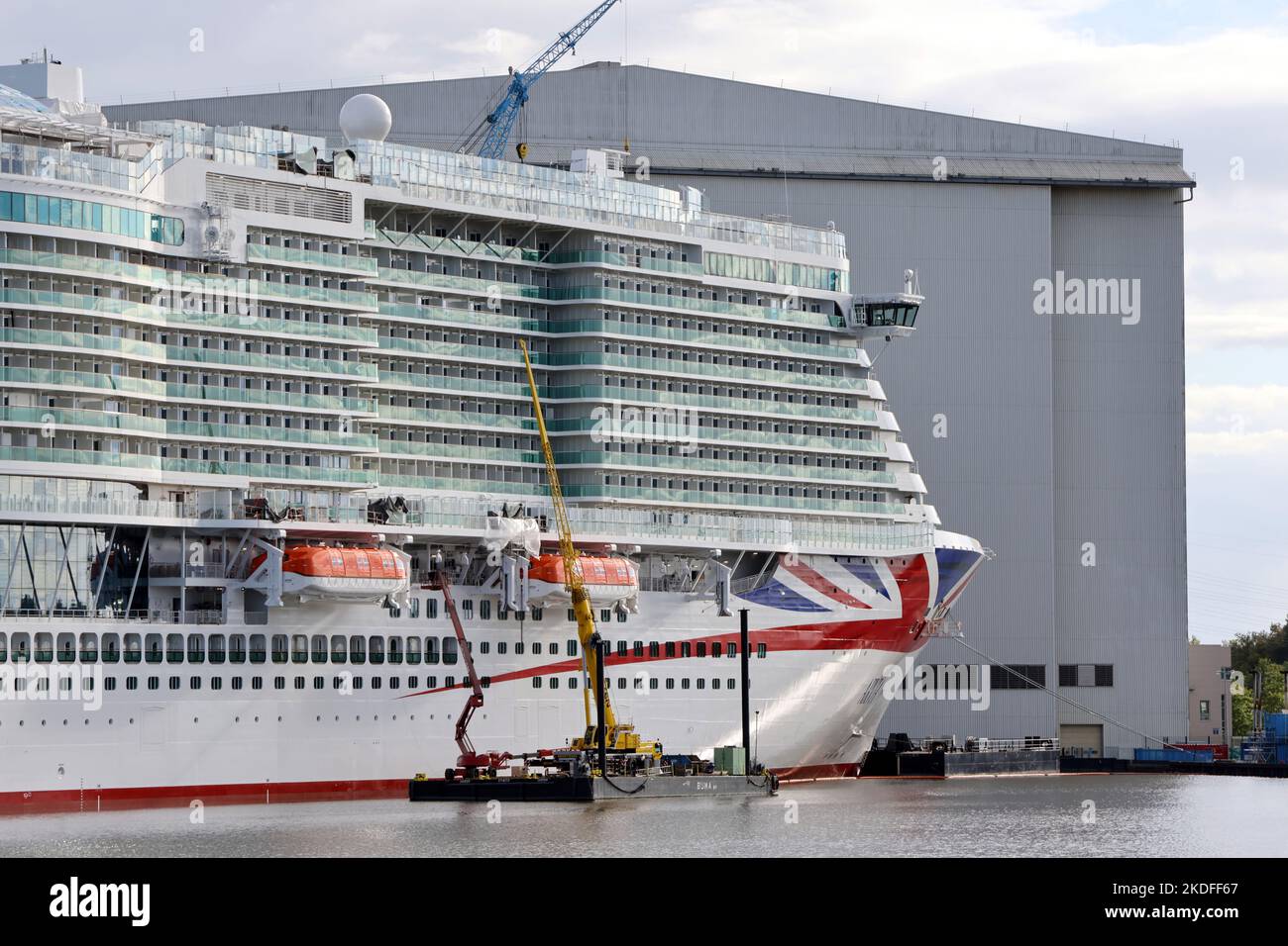 The new cruise ship Arvia is moored in front of the Meyer shipyard in Papenburg on September 25, 2022. Stock Photo