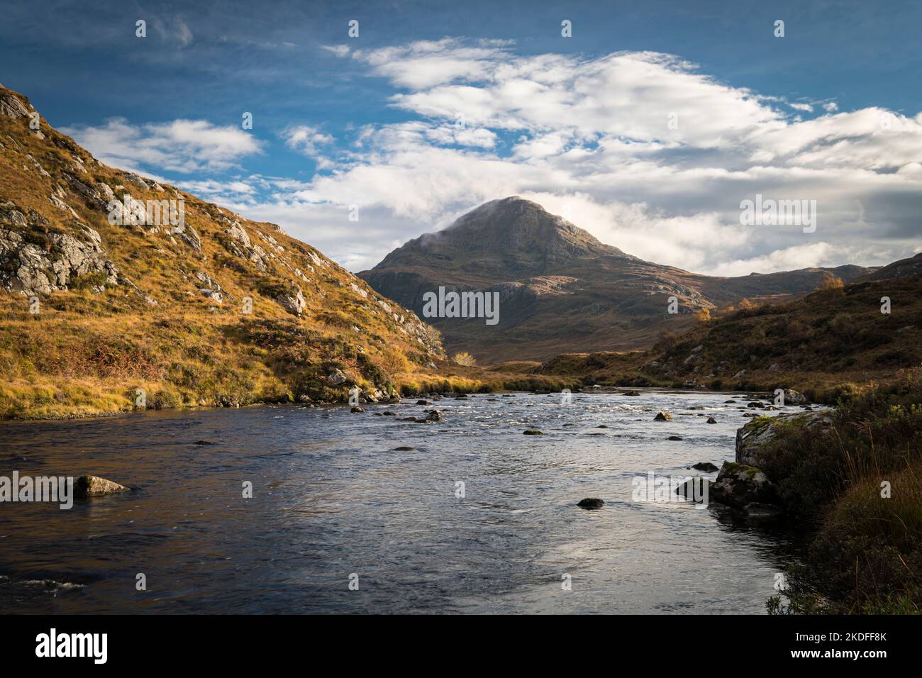 A bright, autumnal HDR image of Ben Stack and the River Stack in northwest Sutherland near Laxford Bridge, Scotland. 23 October 2022 Stock Photo
