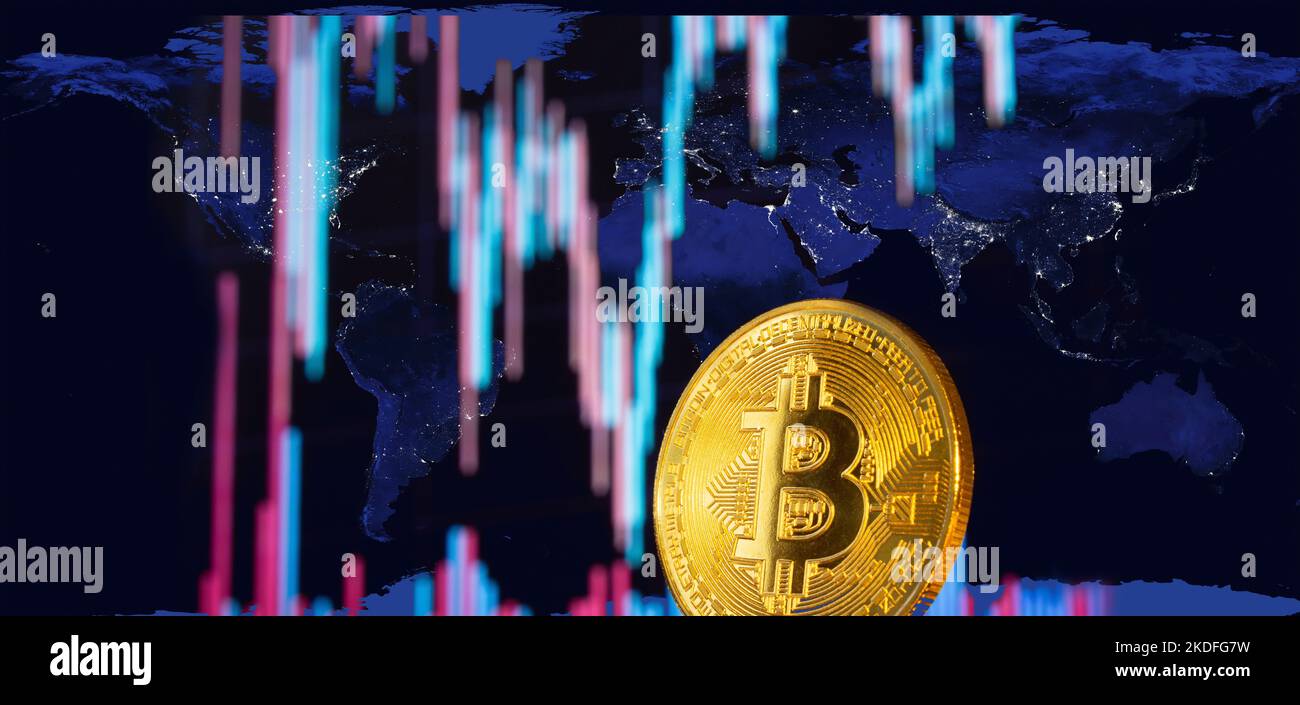 Bitcoin graphic or chart and world map concept. bitcoin or cryptocurrency trading worldwide. Global economy concept idea background. Stock Photo