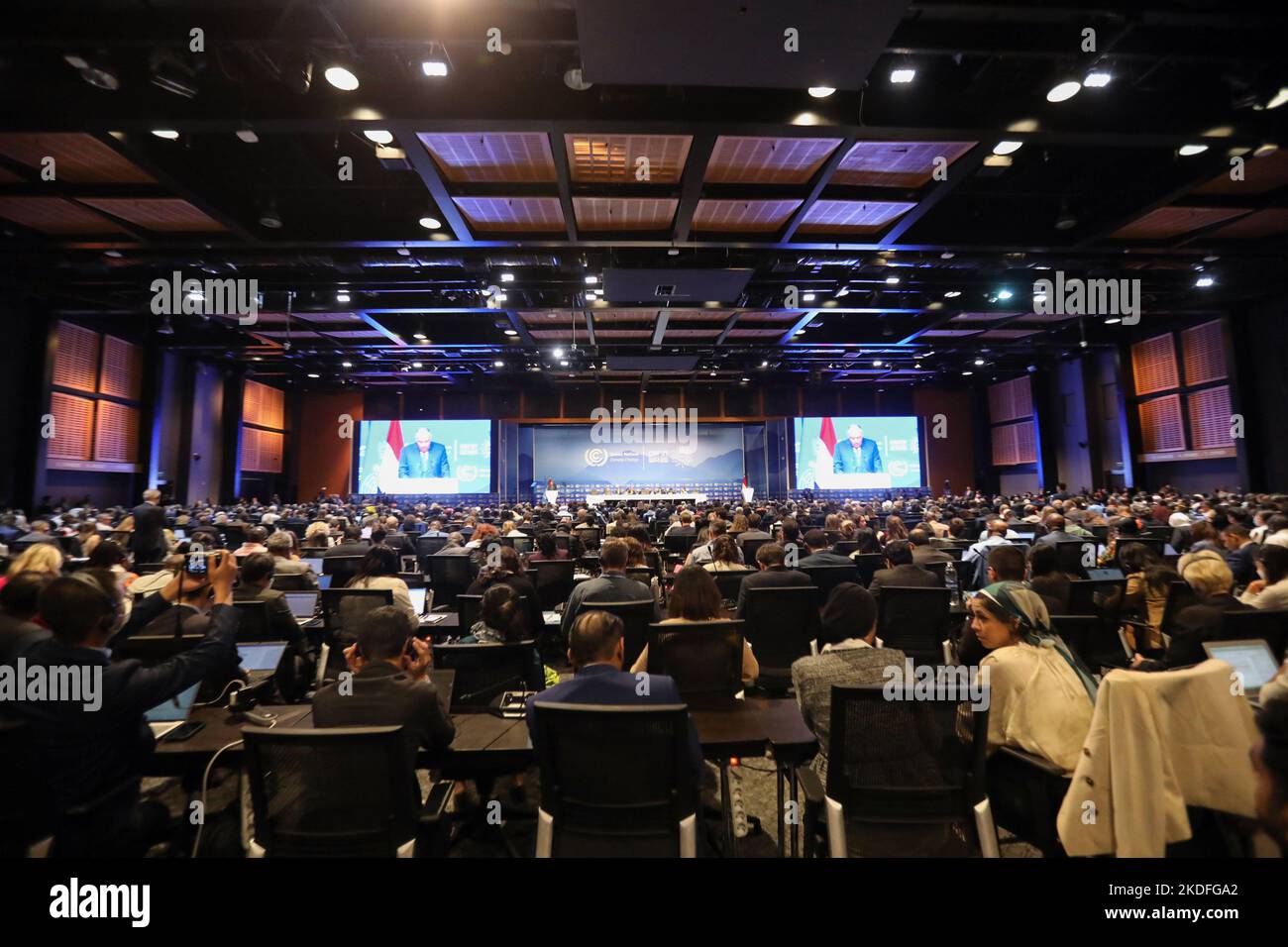 Sharm El Sheikh. 6th Nov, 2022. This photo taken on Nov. 6, 2022 shows the opening ceremony of the 27th Conference of the Parties of the United Nations Framework Convention on Climate Change (COP27) in Sharm El-Sheikh, Egypt. The COP27 opened on Sunday in Egypt's coastal city of Sharm El-Sheikh in hopes to turn global climate finance pledges into action. Credit: Sui Xiankai/Xinhua/Alamy Live News Stock Photo