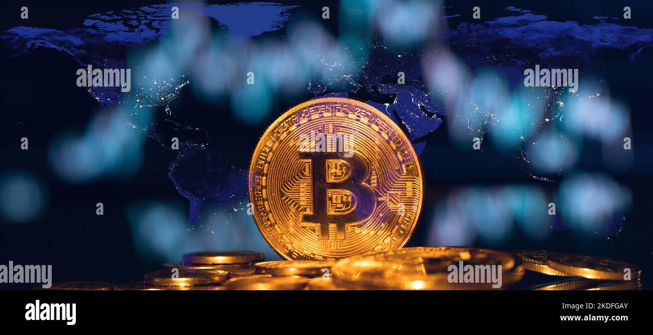 Bitcoin graphic or chart and world map concept. bitcoin or cryptocurrency trading worldwide. Global economy concept idea background. Stock Photo