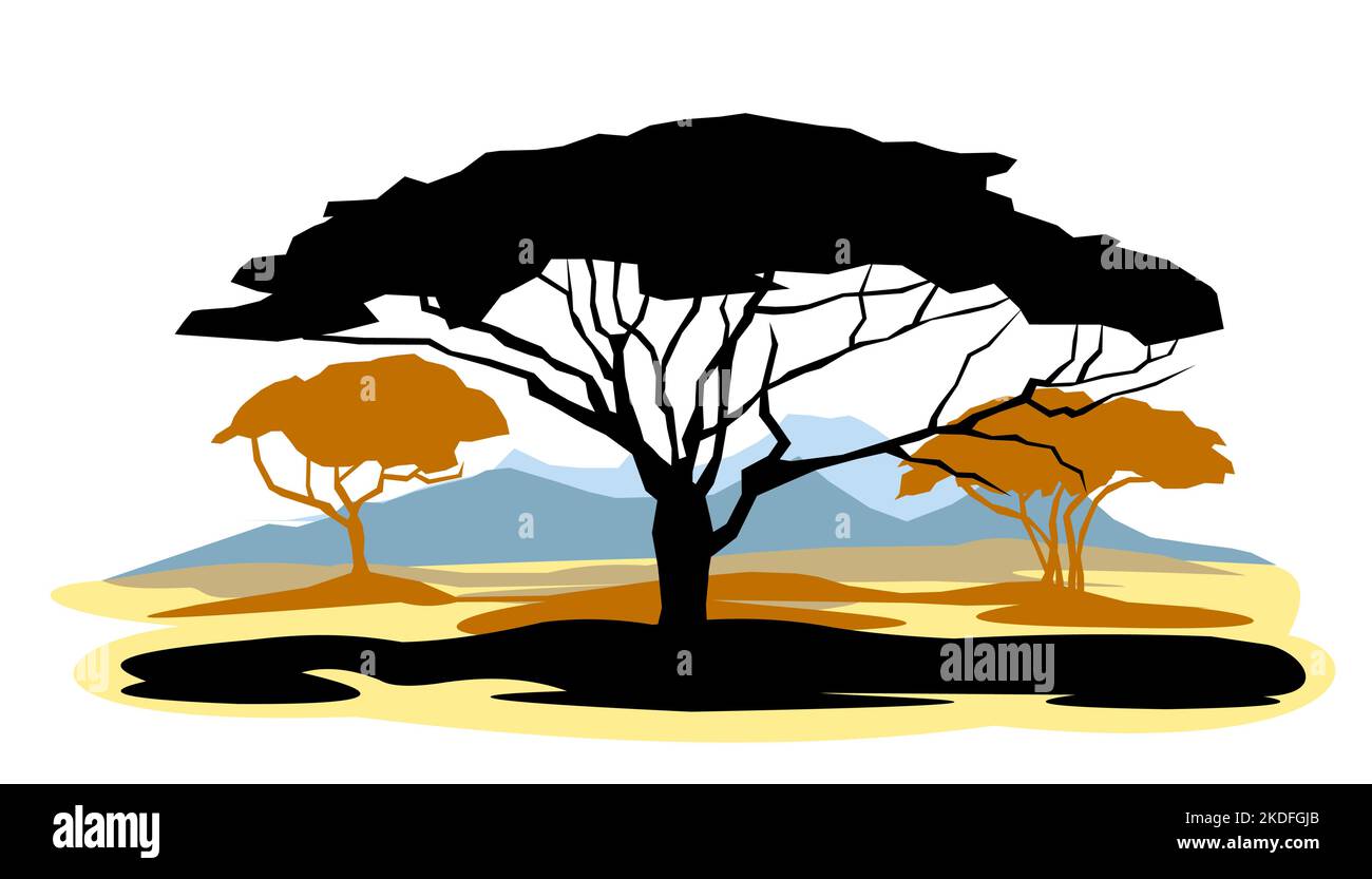 African savannah landscape. Silhouette picture. Africa acacia tree. Isolated on white background. Vector Stock Vector