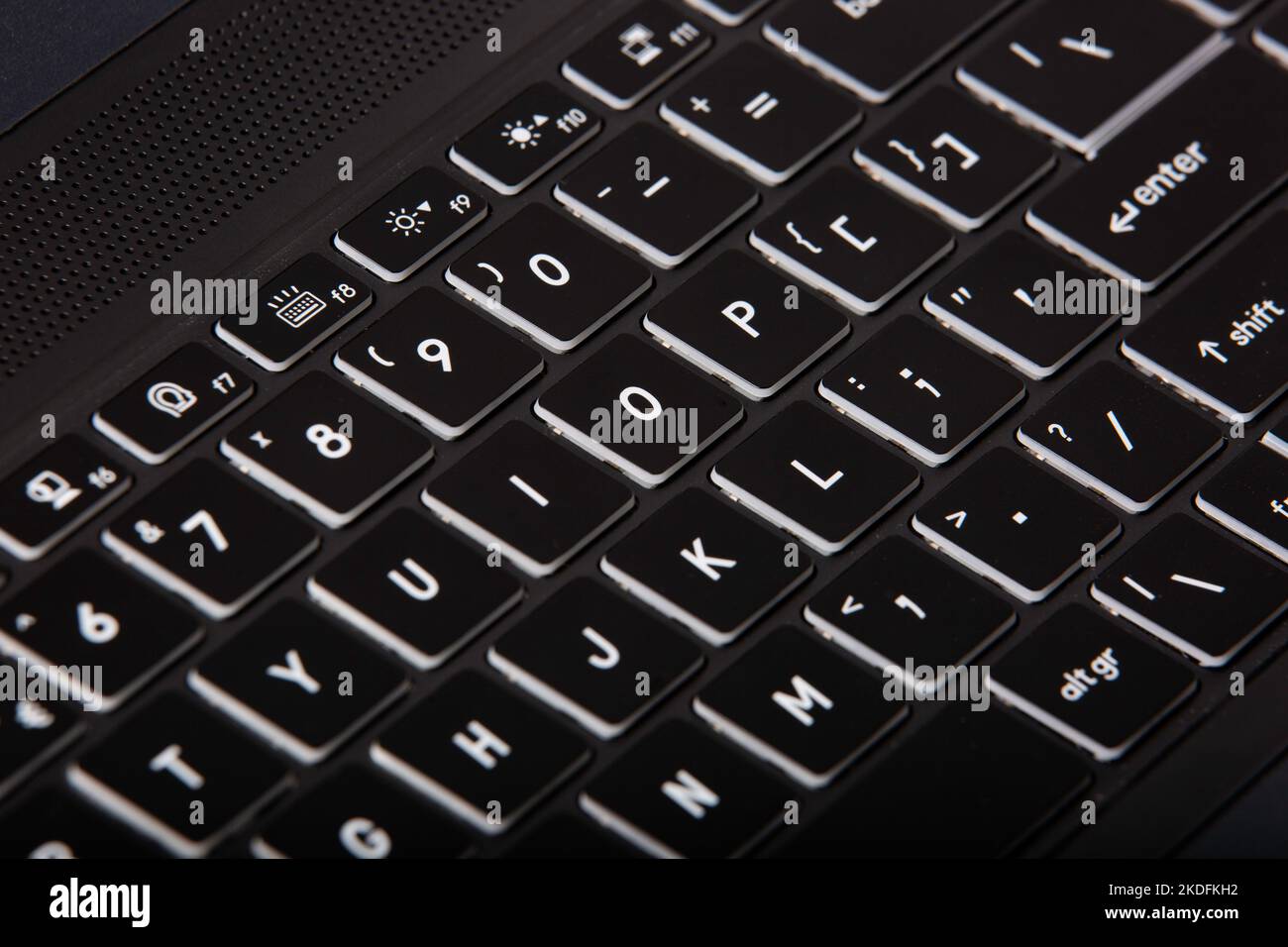 A closeup of a black computer keyboard with white letters and numbers ...