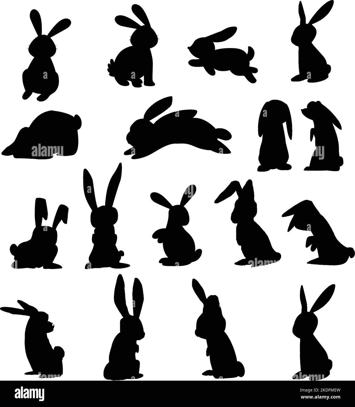 The black sticker pack of rabbits silhouettes on a white background Stock Vector