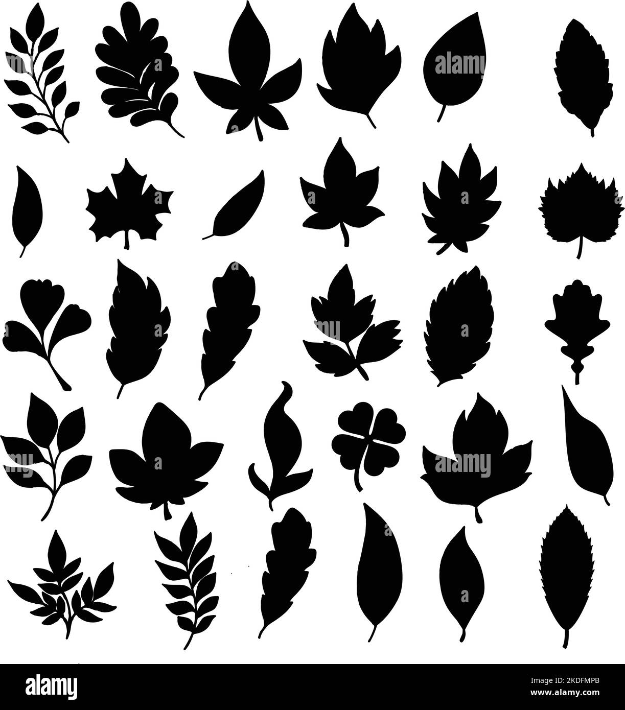 The black sticker pack of leaves silhouettes on a white background ...