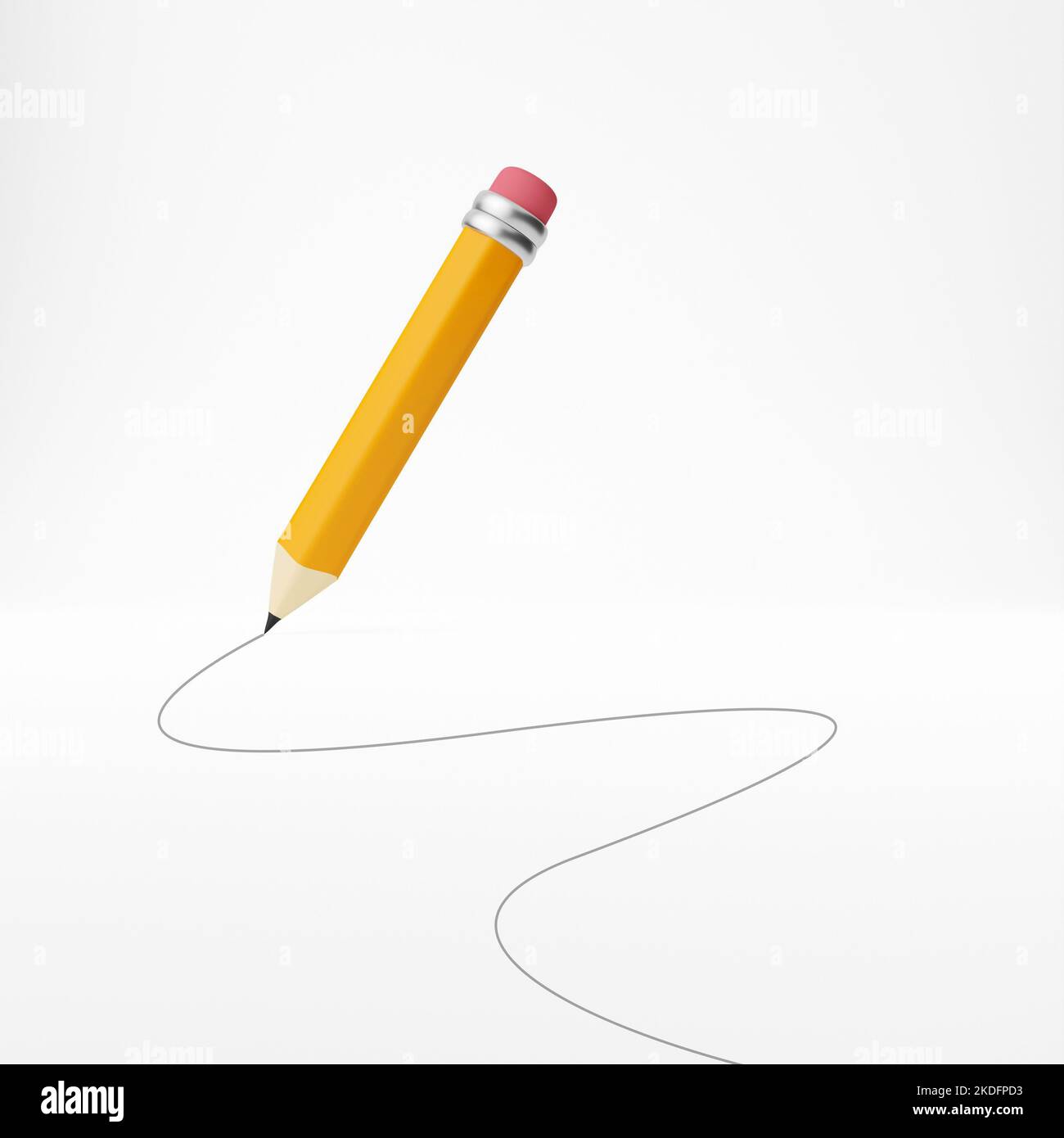 Yellow graphite pencil drawing a curved line on white paper background