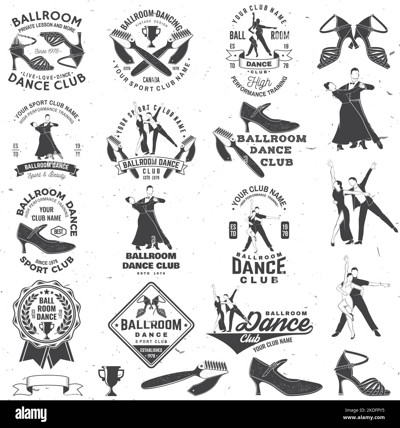Set of Ballroom dance sport club logos, badges design. Concept for shirt or logo, print, stamp or tee. Dance sport sticker with shoes for ballroom Stock Vector