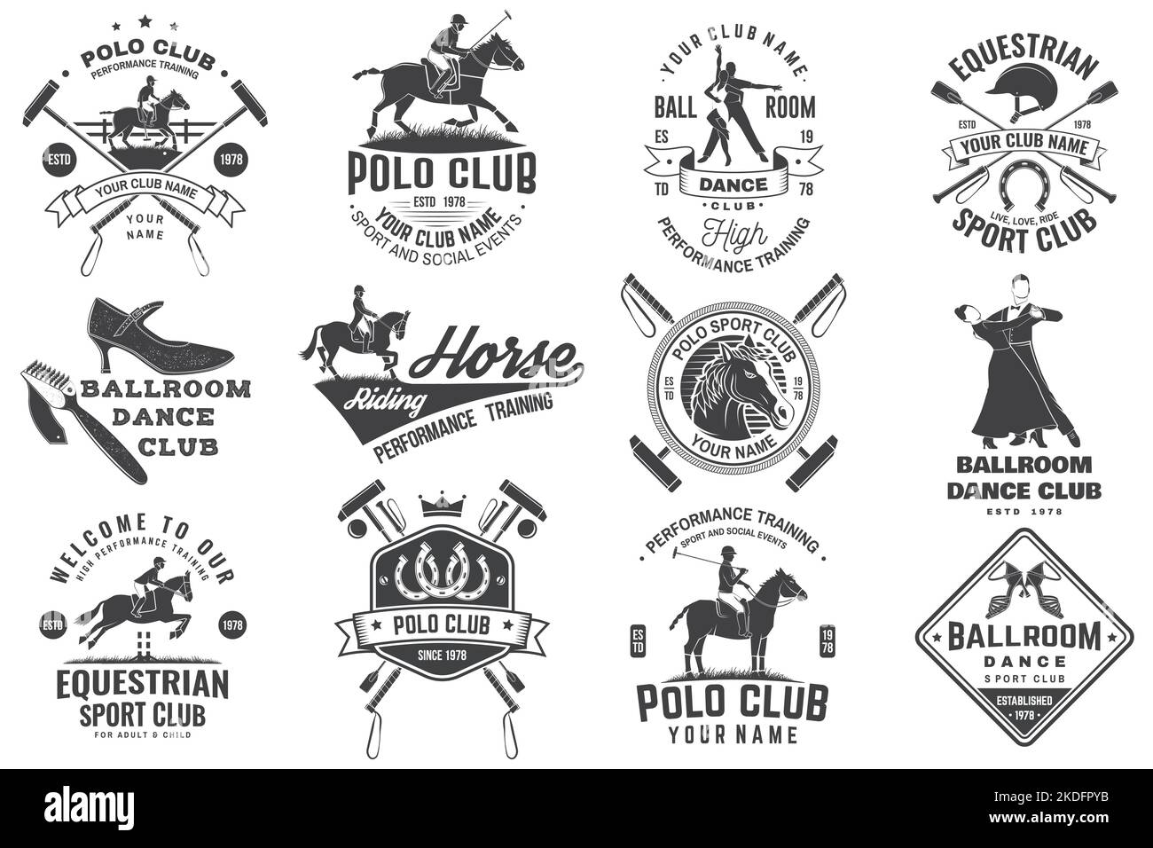 Set of polo club, horse riding, ballroom dance club badge, emblem, logo