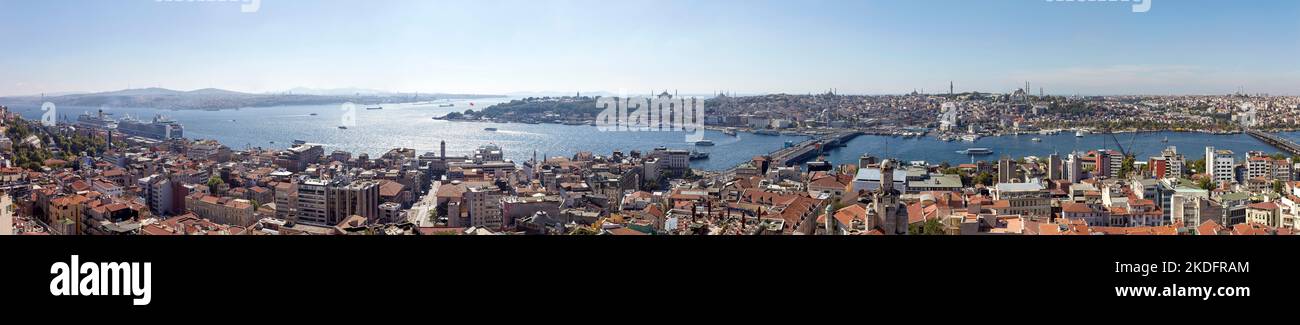 Istanbul from the Galata tower Galata Bridge Hagia Sophia The Blue Mosque Topkapi Palace Sea of Marmara and the Bosporus Strait Turkey Stock Photo