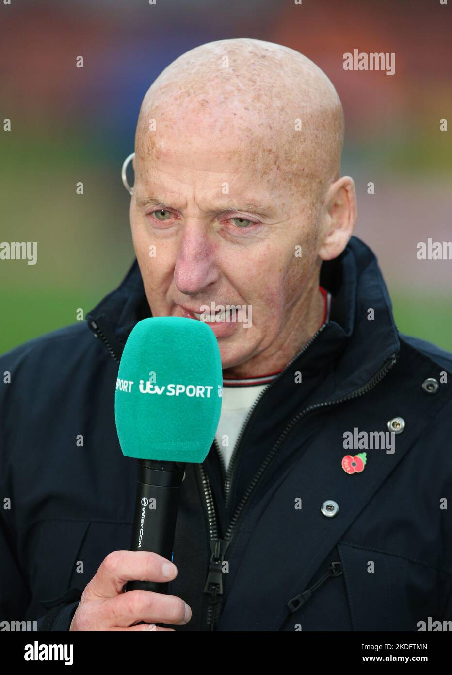 Mickey Thomas working for ITV Sport before the game between Wrexham and Oldham Athletic during the Emirates FA Cup first round match at The Racecourse Ground, Wrexham. Picture date: Sunday November 6, 2022. Stock Photo