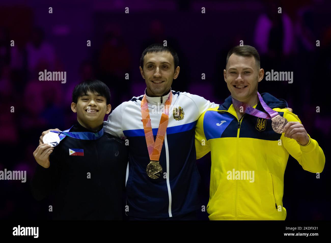 Liverpool, UK. 06th Nov, 2022. Liverpool, England, November 6th 2022 Carlos Edriel Yulo (PHI) (left, Silver), Artur Davtyan (ARM) (centre, Gold) and Igor Radivilov (UKR) (right, Bronze) celebrates their results on the Vault Apparatus Finals at the FIG World Gymnastics Championships at the M&S Bank Arena in Liverpool, England Dan O' Connor (Dan O' Connor/SPP) Credit: SPP Sport Press Photo. /Alamy Live News Stock Photo