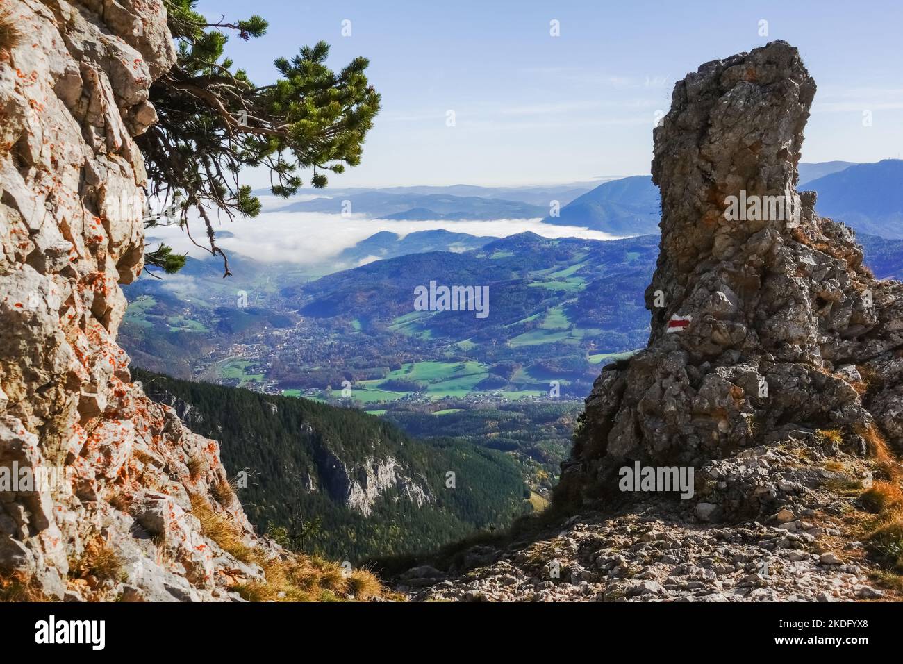 amazing rocky passage during hiking to the highest mountain of lower austria Stock Photo