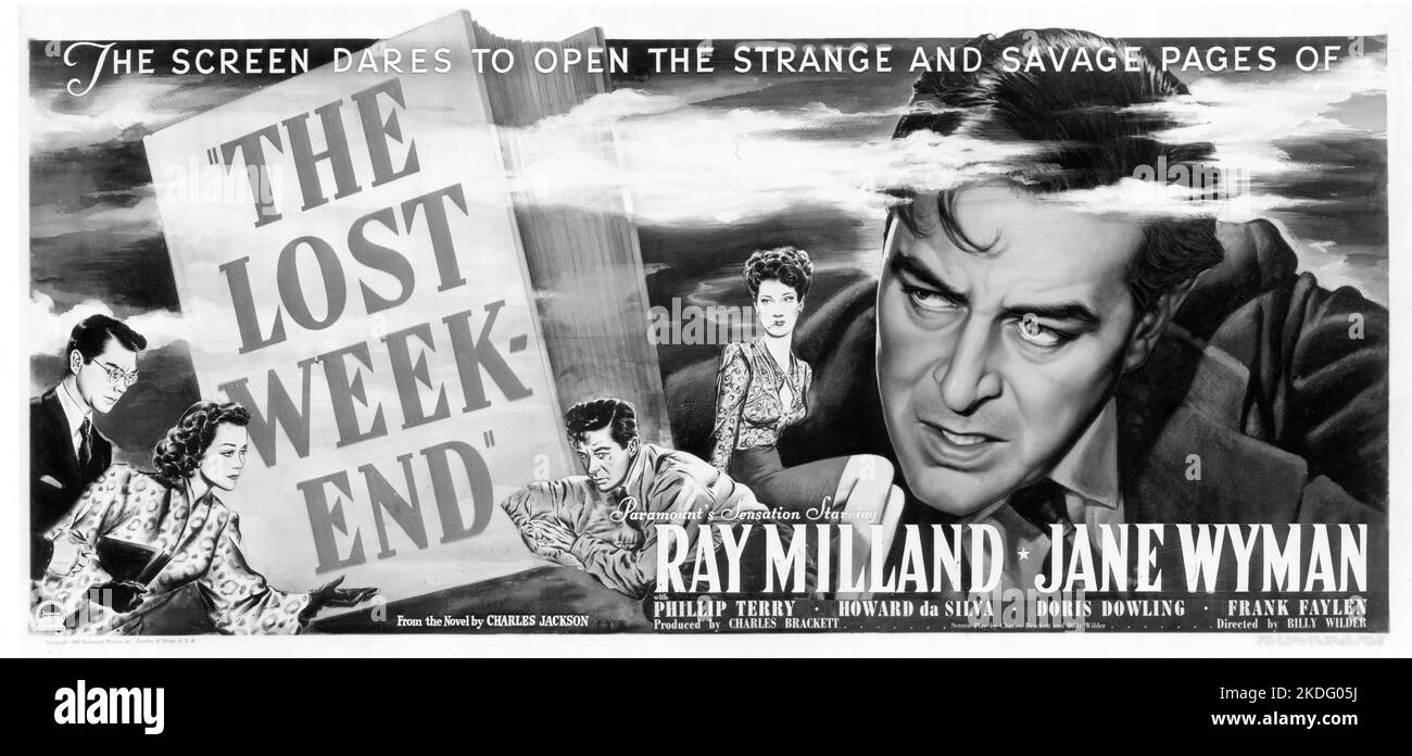Movie Poster for RAY MILLAND JANE WYMAN PHILLIP TERRY and DORIS DOWLING in THE LOST WEEKEND 1945 director BILLY WILDER novel Charles R. Jackson screenplay Charles Brackett and Billy Wilder music Miklos Rozsa producer Charles Brackett Paramount Pictures Stock Photo