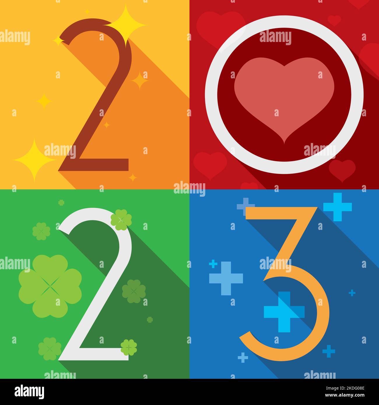 Colorful design with greeting for New Year 2023 with numbers in flat style and long shadow wishing you prosperity, love, fortune and health. Stock Vector