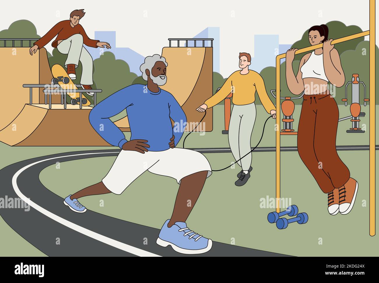 Stunt Activity Diverse people do fitness in outdoor gym or workout park. Teenage boy ...