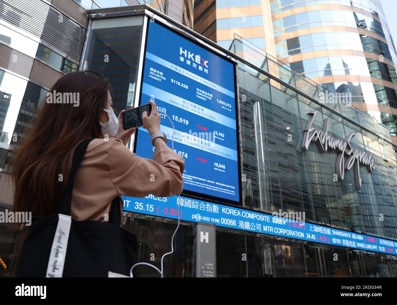 An electronic billboard displaying the Hang Seng Index figure outside