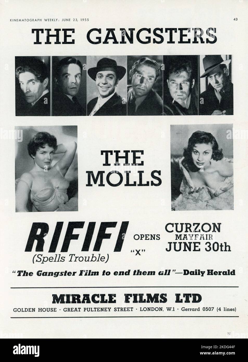 British Trade Ad for JEAN SERVAIS CARL MOHNER and ROBERT MANUEL in RIFIFI director / adaptation JULES DASSIN novel Du rififii chez les hommes by Auguste Le Breton music Georges Auric Pathe Consortium Cinema / Indusfilms / S.N. Pathe Cinema / Primafilm / Miracle Films Ltd (UK) Stock Photo